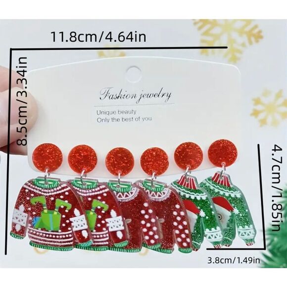 NWT 3 PC Set Of Glittery Fun Ugly Christmas Sweater Dangle Earrings - Picture 4 of 8